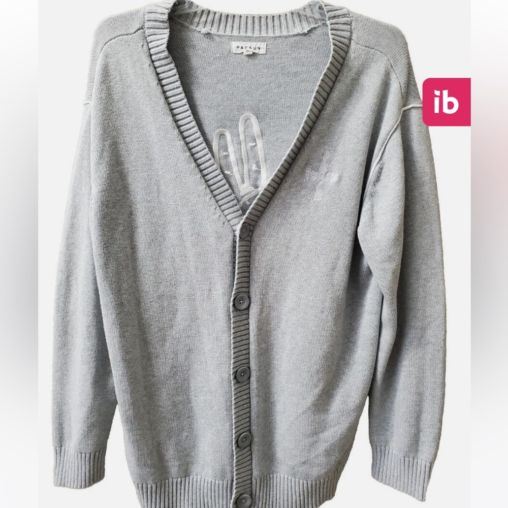 Pacsun Gray Cotton Peace "Love is all We Need" Embroidered Button-Up Cardigan M - Picture 2 of 6